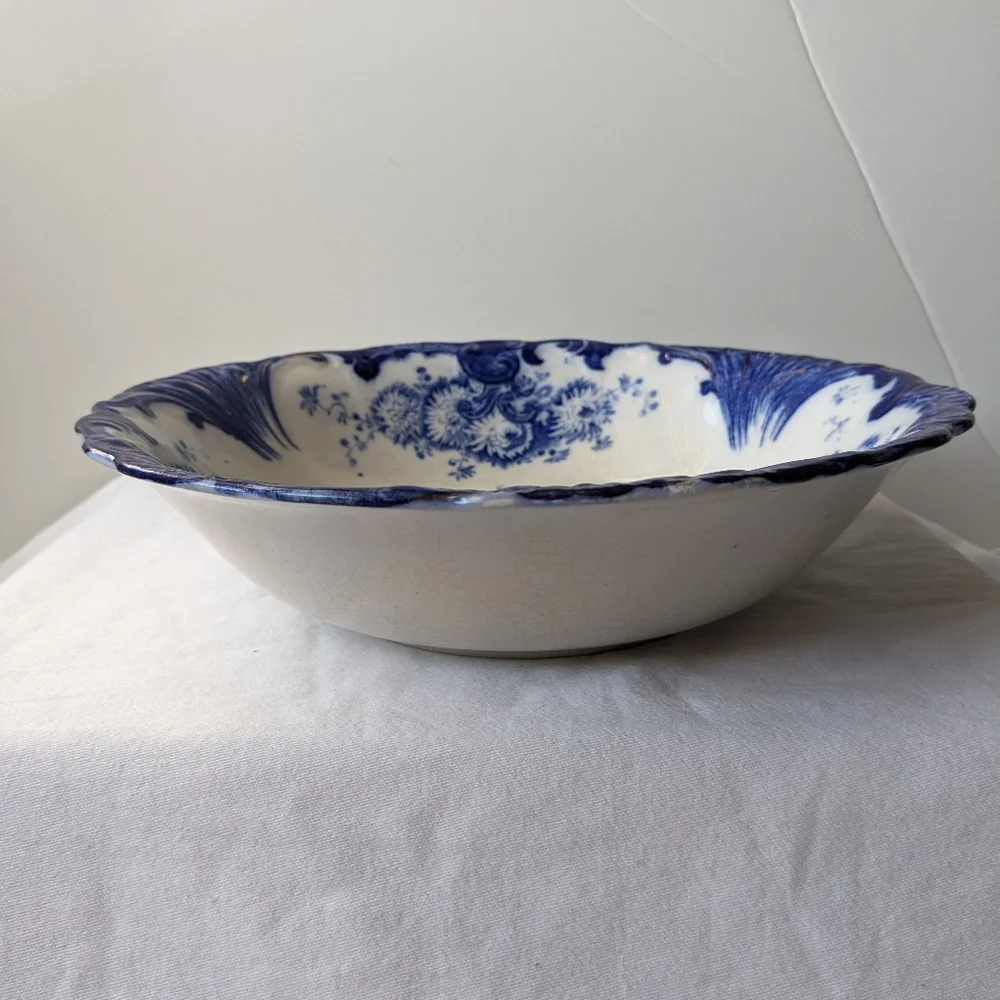 Antique Upper Hanley England Dahlia Flow Blue Floral Round Vegetable Bowl